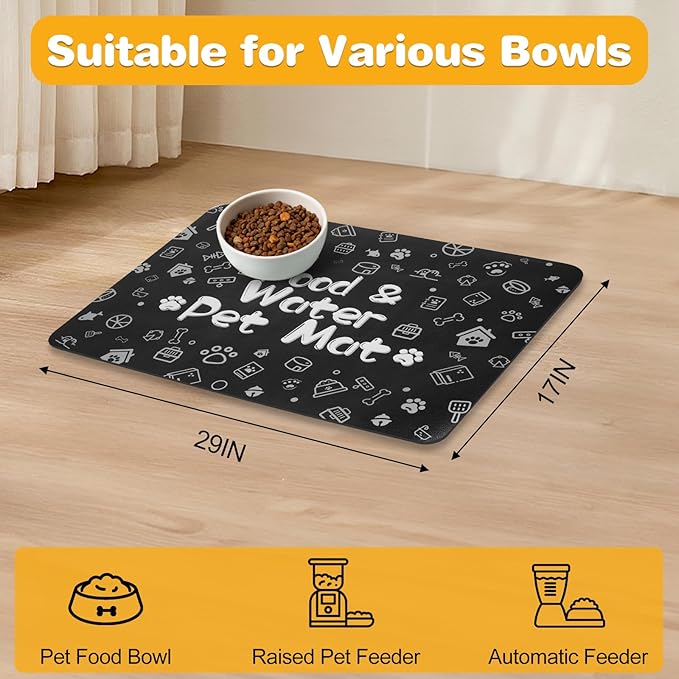 Pet Feeding Mat,Dog Cat Mat for Food and Water,Dog Bowl Waterproof Placemat with Rubber Backing,Absorbent Quick Dry Water Dispenser Mat for Pet（Black 17"×29"）