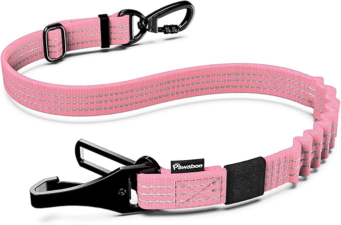 Pawaboo Dog Car Seat Belt– Reflective & Adjustable Dogs Cars Harness Leash with 360° Lockable Buckle, Shockproof Dogs Tether Bungee for Safe Travel, Pink