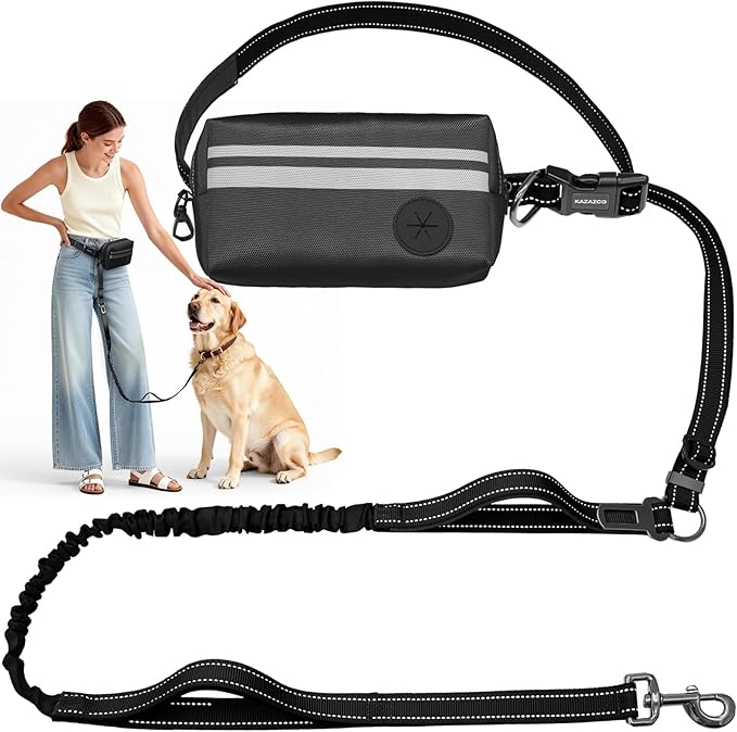 Hands Free Dog Leash with Removable Zipper Pouch, Dual Padded Handles and Durable Bungee for Walking, Jogging and Running Your Dog (Large,35-140 lbs -Black