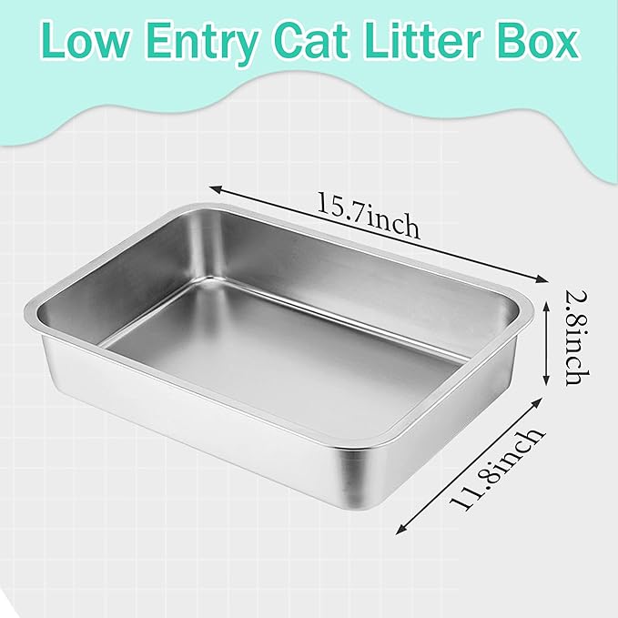 Low Entry Cat Litter Box, 15.7"×11.8"×2.8" Stainless Steel Kitten Litter Box for Small Cat, Kitty Shallow Litterbox for Guinea Pig, Puppy, Hamsters Toilet