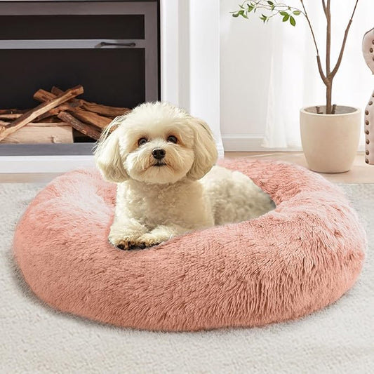 JOLLYVOGUE Calming Dog Bed Medium Size Dog, 31in Donut Washable Medium Pet Bed, Anti-Slip & Anti-Anxiety Fluffy Faux Fur Round Dogs Bed, Fits up to 45 lbs Pets (Peach Pink)