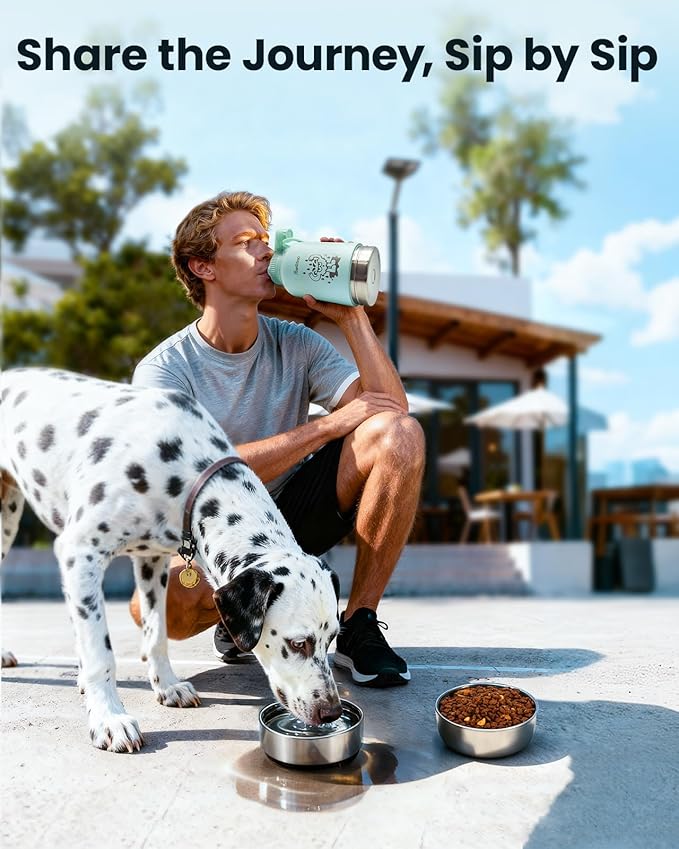 34oz Dog Water Bottle, Stainless Steel Dog Water Bottle Dispenser with Detachable Food & Water Bowls, Keeps Water Hot/Cold, for Walking, Hiking, Camping(Pale Blue)