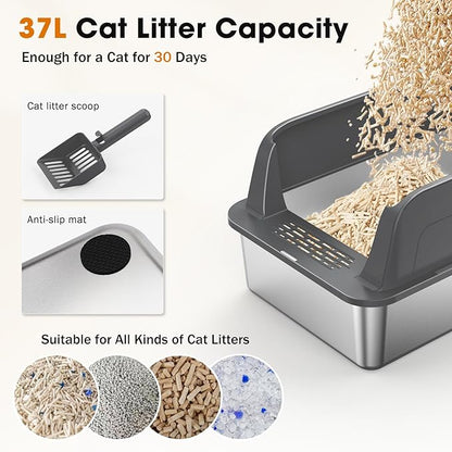 2PACK Stainless Steel Litter Box, Extra Large Litter Boxes for Big Cats, XL Metal Cat Litter Box with Lid High Sides, Anti-Urine Leakage, Non-Sticky, Scoop Included (Multi-Colored, XL)