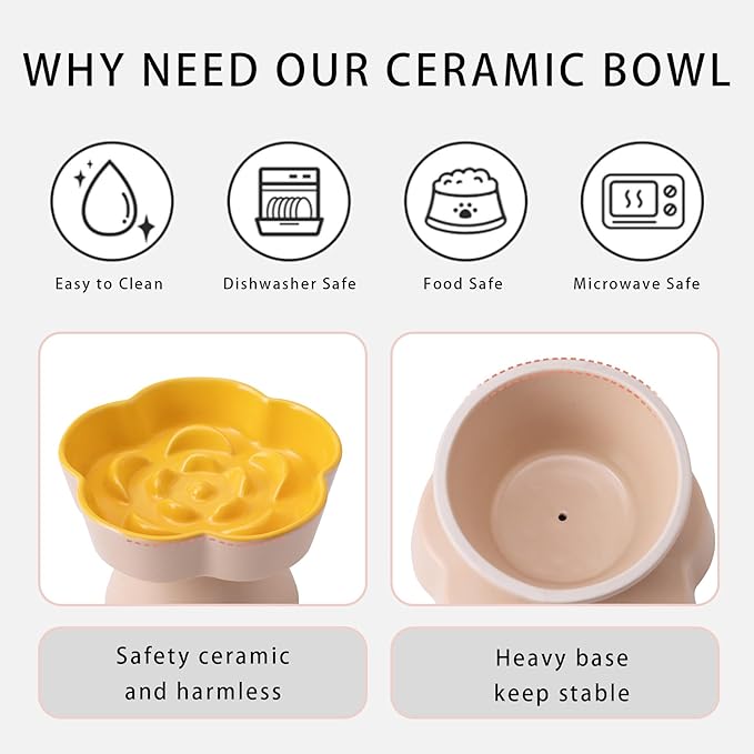 Tilted Cat Bowl, Flower-Shaped Ceramic Slow Feeder Cat Bowl, Raised Pet Bowl for Whisker Relief, Prevents Vomiting & Bloating, Non-Slip Base, Easy to Clean for Dry/Wet Food (Lavender & Yellow)