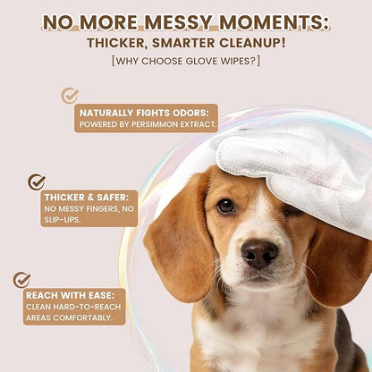 100 Pcs Cleaning Deodorizing Pet Glove Wipes for Dogs & Cats, Hypoallergenic Dog Bath Wipes with Natural Deodorizer Persimmon Tannin, Pet Bathing Wipes for Horse Coat Care Coconut Scent