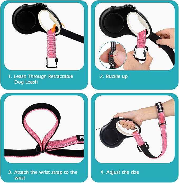 PetBonus Dog Leash Wrist Strap, Safety Strap for Retractable Leash, Lockable Reflective Short Dog Walking Lead with Adjustable Soft Padded Handle, Extra Layer Security for Pet Stroller (Pink)