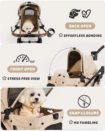 797Audio Dog Stroller for Small Medium Dogs,Pet Stroller for Cats Puppy Up to 121lbs,Foldable,One Click Folding,4 Wheel Shock Absorption,Adjustable Canopy with Sun Shades,Removable Washable Pad(Cream)