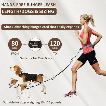 Tails & Tales Hands Free Dog Leash with Waist Pouch, Lumbar Support Upgraded, Bungee Reflective Leash, Adjustable Belt 25-55", Walking Running Hiking Training for Dogs Up to 125lbs (Gray, Two Dogs)