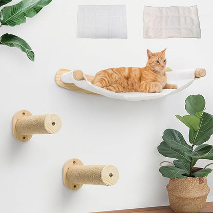 Faux Rabbit Fur Cat Wall Hammock - 2-Step Climbing Shelf, Wall Mounted for Indoor Large Cats