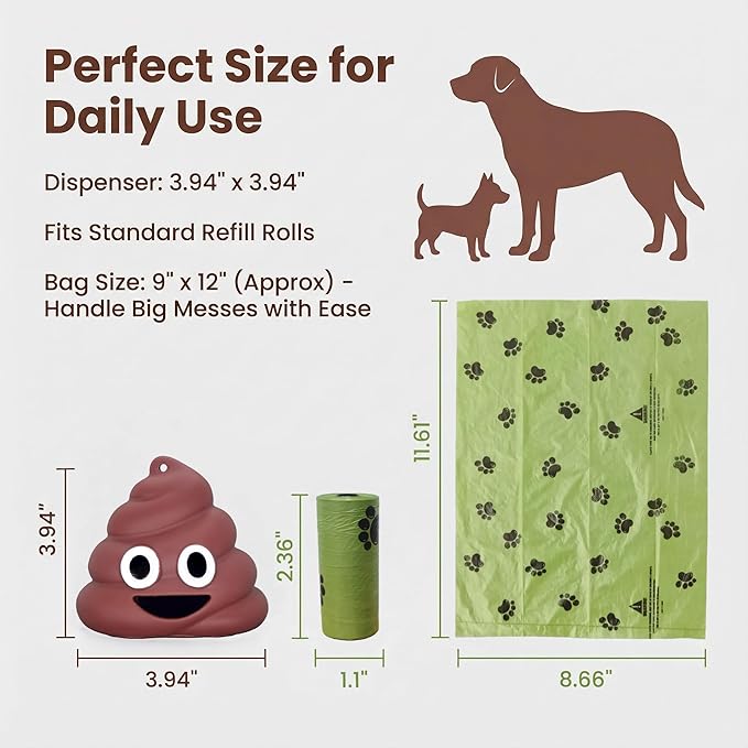 QMEAKMONY Dog Poop Bag Set with Funny 3D Poop Dispenser - 360 Bags (24 Rolls, 15 pcs/Roll), Scented Odor-Neutralizing, Hands-Free holder for Leash/Backpack, Meets Months of Use. (360 Counts)