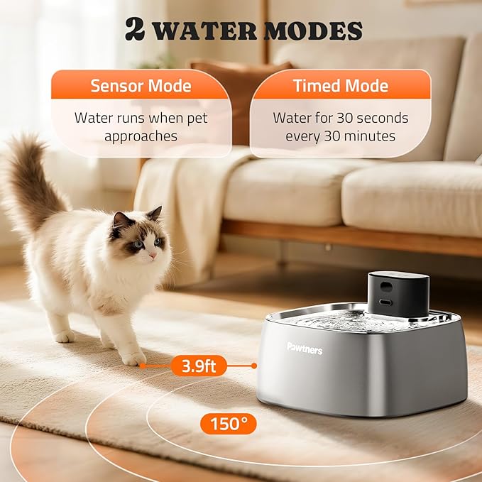 Pumpless Cat Water Fountain Stainless Steel, Automatic Cordless Cats and Dogs Water Dispenser 108oz/3.2L, Pawtners Battery Operated Pet Fountain with Smart Indicator &150° Motion Sensor