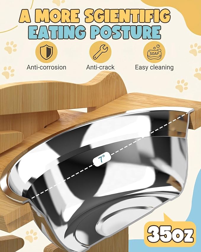 Elevated Dog Bowls, Adjustable Raised Dog Bowl Stand for Medium Size Dogs, 15°Tilted Elevated Dog Bowls, Durable Bamboo Dogs Feeder with 2 Stainless Steel Bowls and Non-Slip Feet