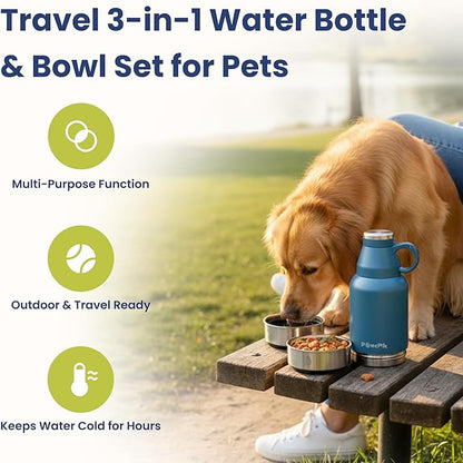 PawsPik 32oz 3-in-1 Travel Dog Water Bottle & Bowl Set – Stainless Steel Vacuum-Insulated Bottle with Detachable Food & Water Bowls, Leak-Proof, Keeps Water Cold 12hrs/Hot 6hrs (Midnight Summit Blue)