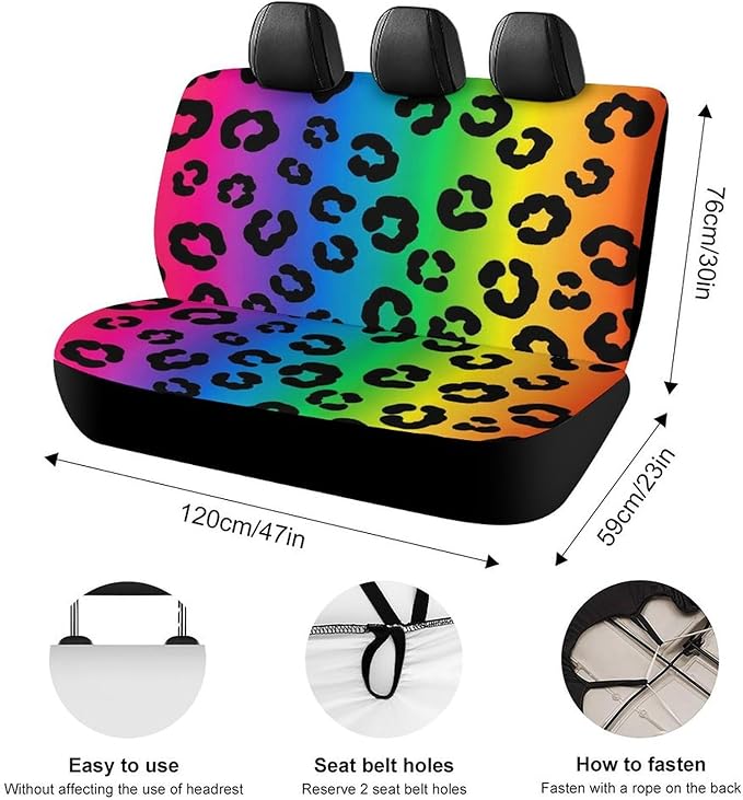Women's Universal Fit Auto Soft Back Seat Cover, Fashion Decor Car Seat Cover Padded Rear Bench for Trucks SUV Compatible with Rainbow Cheetah Skin Leopard Print