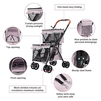 Double Pet Stroller for Dogs and Cats, One-Hand Folding Dog Stroller Travel Carriage for Small Medium Dogs Cats, 4 Wheels, Pink