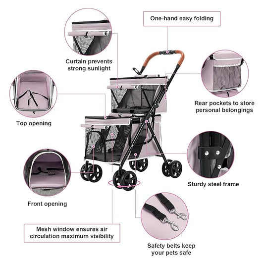 Double Pet Stroller for Dogs and Cats, One-Hand Folding Dog Stroller Travel Carriage for Small Medium Dogs Cats, 4 Wheels, Pink