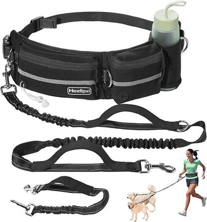 Dog Leash with Waist Belt, Reflective Stitching, Dual Handles, Elastic Retractable Design, Perfect for Running, Black, Suitable for Medium and Large Dogs