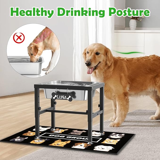 2 Gallon Elevated Dog Water Bowl for Large Breeds, 4-Height Adjustable Raised Dog Bowl(9.4-14.2'') with Stainless Steel Bowls, Spill-Proof Mat & Sturdy Metal Base for Indoor/Outdoor Use