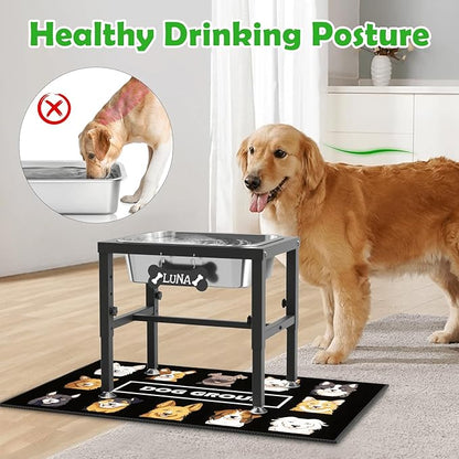 2 Gallon Elevated Dog Water Bowl for Large Breeds, 4-Height Adjustable Raised Dog Bowl(9.4-14.2'') with Stainless Steel Bowls, Spill-Proof Mat & Sturdy Metal Base for Indoor/Outdoor Use