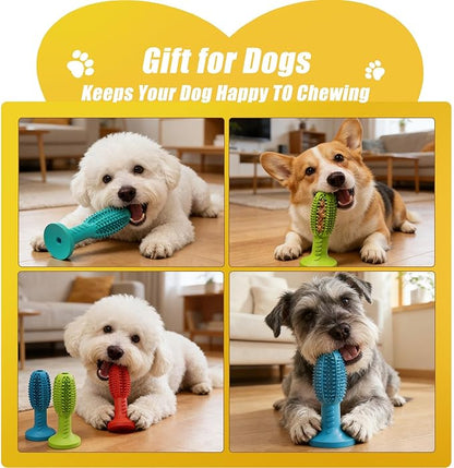 Dog Chew Toys, Interactive Suction Cup Toothbrush Chew Toy for Puppy Teething, Rubber Teeth Cleaning Stick with Treat Holder for Small and Medium Dogs (Blue)