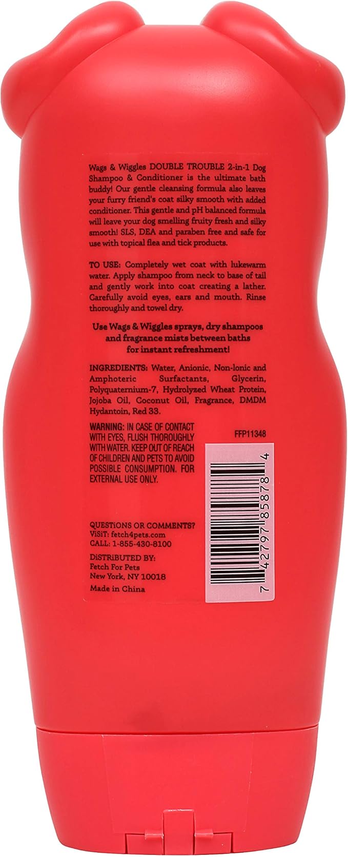 Wags & Wiggles Double Trouble 2-in-1 Dog Shampoo and Conditioner, Fruity Watermelon Scent - Cleansing and Conditioning Formula with Jojoba Oil and Wheat Protein, 16 Fl Oz