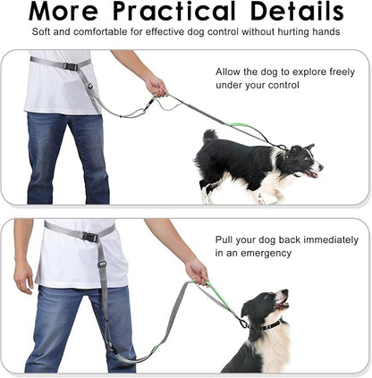 Hands Free Dog Leash, 8.2 FT Waist Leash for Walking, Jogging, Hiking, Adjustable Crossbody Belt with Double Padded Handles, Bungee Car Seatbelt Design for Medium Large Dogs, Gray + Green