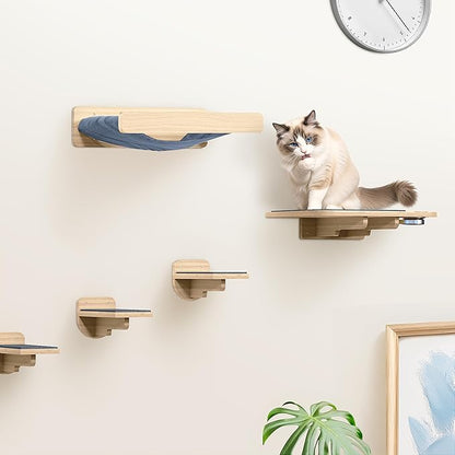 Space-Saving Cat Wall Shelves – Interactive Cat Wall Climber with Hammock & Dog Proof Feeding Station for Small & Medium Indoor Breeds – Solid Natural Wood with Gray Carpet