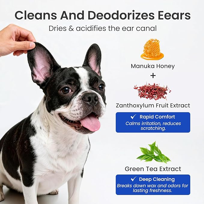Itch Relief Ear Cleaner for Dogs & Cats Natural Gentle Formula with Manuka Honey & Green Tea - Triple Botanical Wash for Infection & Yeast Prevention, PH Balanced No-Sting 8.45 oz
