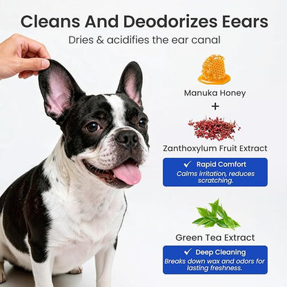 Itch Relief Ear Cleaner for Dogs & Cats Natural Gentle Formula with Manuka Honey & Green Tea - Triple Botanical Wash for Infection & Yeast Prevention, PH Balanced No-Sting 8.45 oz
