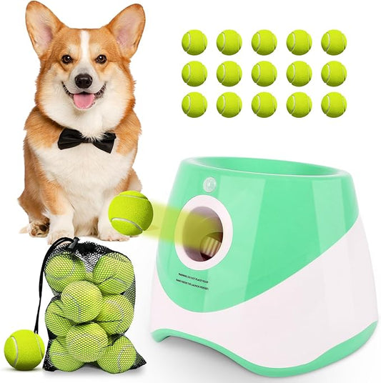 Dollate Automatic Ball Launcher for Small Dogs,Interactive Toys Dog Ball Thrower Machine with 10-30Ft 3 Launching Distance,Indoor & Outdoor with 15 Mini Tennis Balls (2 inch),Green
