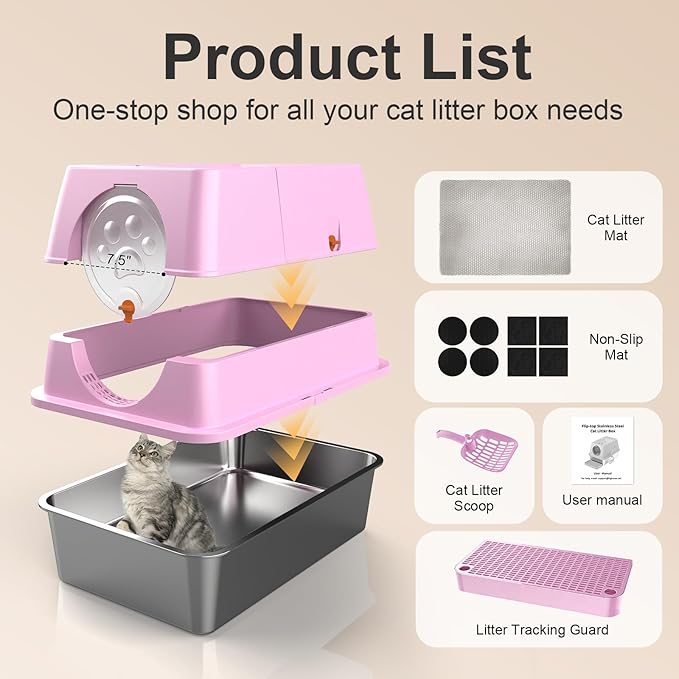 Stainless Steel Litter Box with Lid, XL Extra Large Litter Box, Enclosed Top Entry Metal Litterbox for Big Cat, Easy Cleaning, Anti-Leakage & High Sided with Mat, Aisle & Scoop, Pink