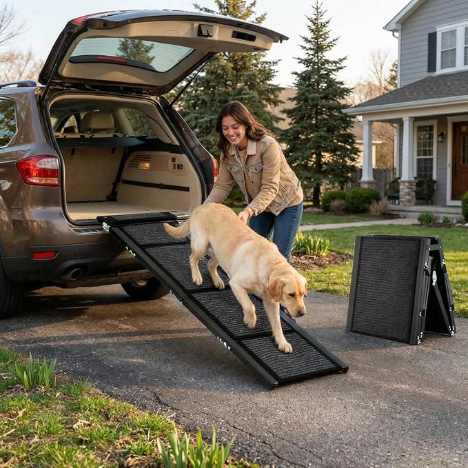 GarveeLife 63 in Long Dog Ramp for Cars, 20 in Wide Folding Pet Ramp for Large Dogs with Non-Slip Surface Portable Dog Car Ramp for SUV Car & Truck, Outdoor Dog Ramp Up to 250 LBS