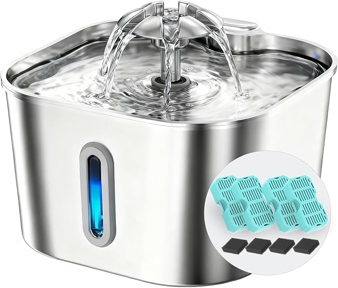 Cat Water Fountain Stainless Steel with 4 Filters & 4 Sponges, 74oz/2.2L Automatic Pet Drinking Fountain, Indoor Water Dispenser for Cats, Kittens, Small Dogs and Pets, Quiet Circulating Pet Fountain
