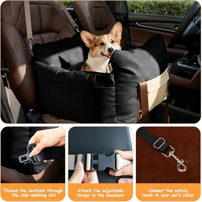 Dog Car Seats for Small Dogs, 2-in-1 Pet Booster Seat with Side-Zip Expandable Bed, Handles and a Storage Pocket, Clip-On Safety Leash and PP Cotton Filling, Vehicle Bed for Puppy up to 25 lbs (Black)