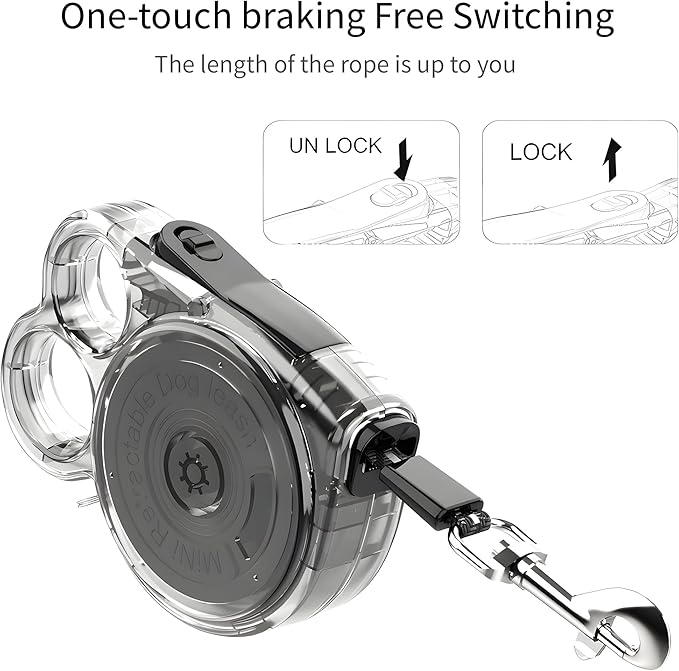 Retractable Dog Leash for Small Dogs, 10ft Retractable Leash for Puppies Up to 26 lbs, 360° Tangle-Free Heavy Duty Nylon Tape, One-Handed Brake Pause Lock, Reflective Strip for Safe Night Walking