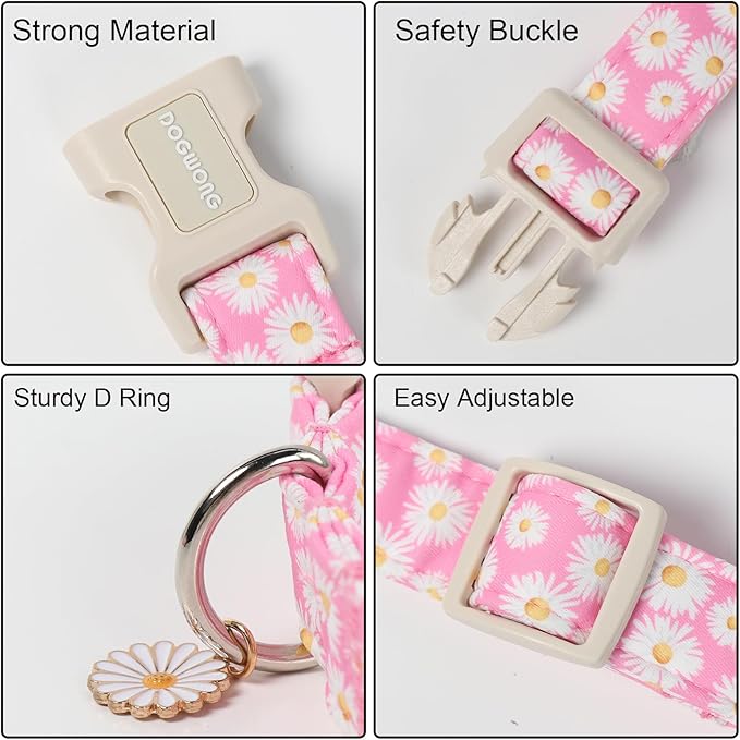 DOGWONG Flower Dog Collar-Daisy Flower Print Girl Dog Collar for Large Cute Dog Collars Spring Female Pet Gift Adjustable Heavy-Duty Soft Collar，XL