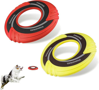SKIPDAWG Interactive Dog Flying Disc 2 Pack, Pet Flying Disc Floats in Water, Diameter 9” Soft Dog Toy for Outdoor Exercise Training, Safe Light TPR/Nylon Fabric Pet Toys, Green and Red Colors