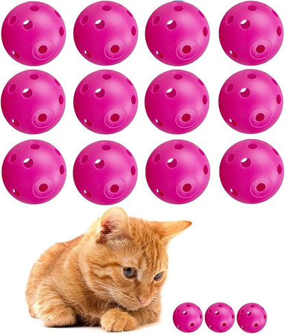 12Pcs Cat Ball Toy, Low Noise No Bells Holey Plastic Cat Balls, Funny Interactive Cats Toys for Indoor Cats, Firm Toy Balls for Kitten Puppy Ferret Bird (1.65", Hot Pink)