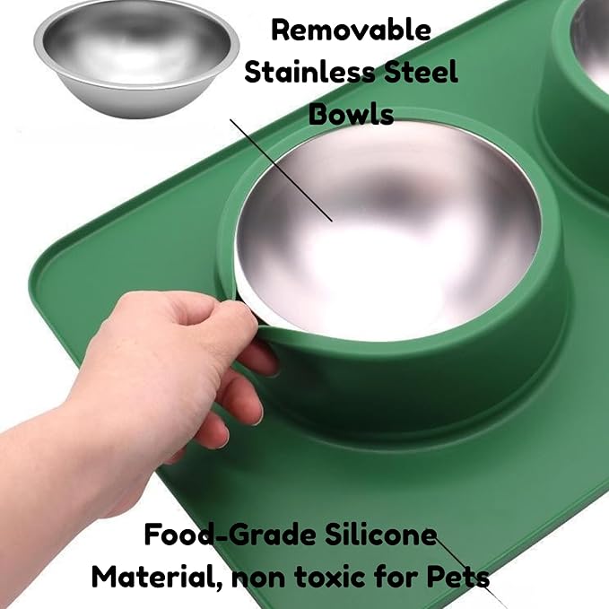 BoldPet® Dog Food and Water Bowl Set - Food Grade,Non-Slip Design Silicone Mat - Includes 2 Removable Stainless Steel Dog Bowls for Small Dogs - Perfect Puppy Bowls Set - Pet Bowls for Dogs and Cats