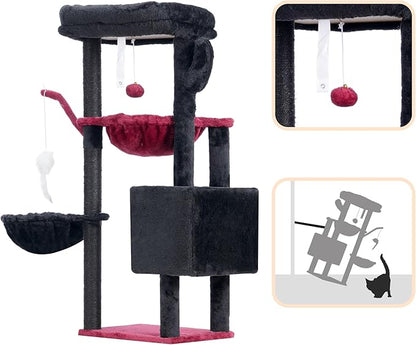 Heybly Cat Tree, 39.4 Inches Gothic Tower Condo with Scratching Post, Cat Tower for Indoor Cats, Fully Wrapped Sisal Pole, Soft Platform, 2 Baskets and Dangling Toy, Black and Red HCT006SBR