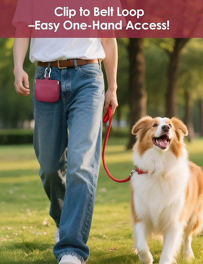 RBibei【One-Hand Access Silicone Dog Treat Pouch, Small Pocket Sized Training Pouch with Pull Tab & Auto Closing Lid for Easy Pet Training & Walking (Red)