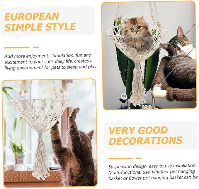 Bohemian Woven Hanging Cat Hammock 40cm Handcrafted Pet Nest Sturdy Cat Bed for Indoor Use to 30 Lbs