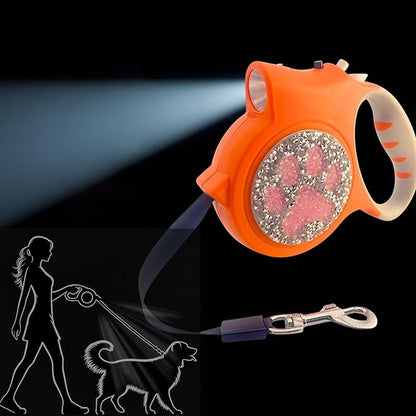 Led Retractable Dog Leash – 16ft Leash with Handcrafted Sparkle Detail Tangle-Free One-Hand Brake Soft Grip Handle for Small & Medium Dogs Up to 77lbs (DL-Orange)
