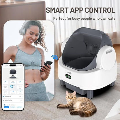 Automatic Cat Litter Box, Electric Large Open-Top Self Cleaning Litter Box for Multiple Cats, Smart APP Control, Multiple Safety Sensors, 1 Rolls Bags & 1 Mat, Arenero para Gatos Autolimpiable White