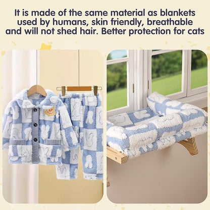 Cat Sill Window Perch Sturdy Hammock Window Seat with Cushion Bed Cover, Premium Wood & Metal Frame for Cats, Easy to Adjust Cat Bed for Windowsill, Bedside and Drawer (White-Blue, 15)