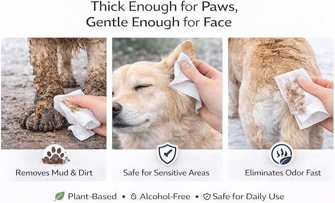 Dog Wipes for Paws, Butt & Body – Thick Plant Based Pet Wipes, Unscented, Gentle for Sensitive Skin (100 Count)