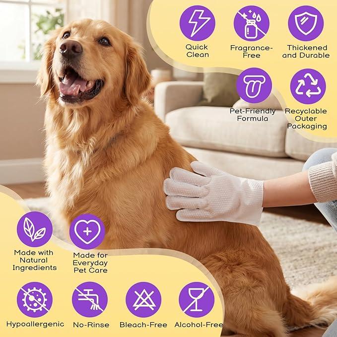 Pet Glove Wipes for Dogs and Cats 20 Count Dog Cleaning Wipes for Paws and Butt Waterless Dog Bath Wipes Hypoallergenic Fragrance Free with 10 Sealing Stickers and 5 Drying Towels