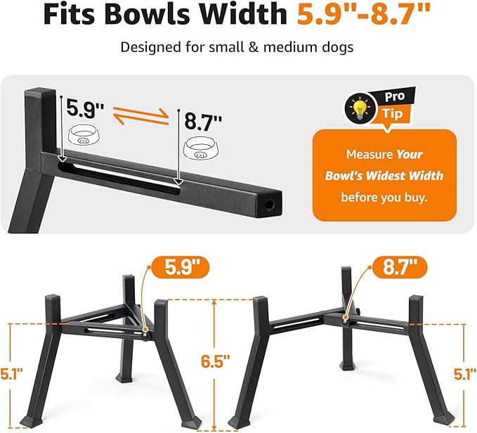 LOOBANI Raised Dog Bowl Stand: Fits for Bowls Width 5.9"-8.7" (Without Bowls), Adjustable Width Elevated Dog Bowl Stand Water Food Feeder for Medium Adult, Seniors, Older, Arthritis Dogs Black Medium