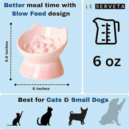 Macarons Series Ceramic Slow Feeder Cat Bowl, Raised Puzzle Feeder, Anti Vomiting Cat Slow Feeding, Elevated Food Bowl, Whisker Friendly Pet Bowl with Cute Ear Design (Gradient Pink)