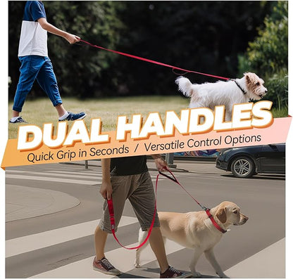 VIVAGLORY Dog Leash Twingrip Double Handle Dog Leash with Traffic Handle Control & 2 Loop for Walking & Training, Reflective Heavy Duty for Puppy Pet Collar, 5ft x 1in, Red